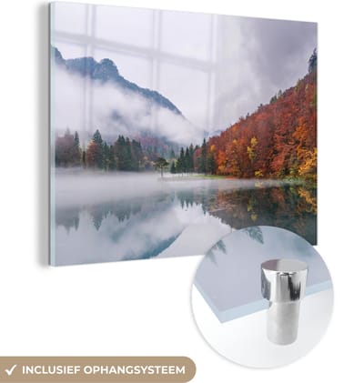 MuchoWow® Glasschilderij 40x30 cm - Schilderij acrylglas - Herfst - Mist - Water - Landschap - Foto op glas - Schilderijen