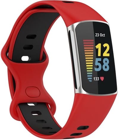 By Qubix - Compatible Fitbit bandje - Geschikt voor Fitbit Charge 5 - Fitbit Charge 6 Sportbandje met dubbele lus - Rood / zwart - Tweekleurig - Maat: L - Horlogeband - smartwatchbandje