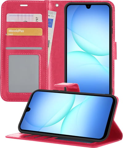 Hoesje - Met Screenprotector - Geschikt voor Samsung Galaxy A17 - Luxe Pasjeshouder - Flipcase - Bookcase Portemonee - Flip Case - Kunstleer Book Case - Book Cover - Walletcase - Portemonneehoes - Telefoonhoes - Donkerroze