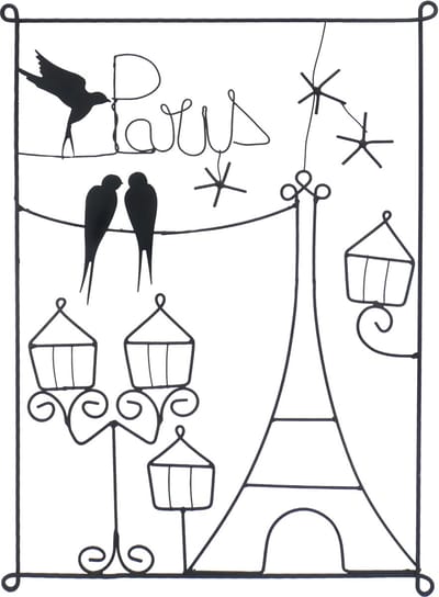 UNUS® Wanddecoratie Eiffeltoren met opschrift Paris vogels huizen en luchtballon zwart 50x35 cm