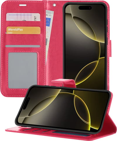 Hoesje - Met Pasjeshouder - Geschikt voor Apple iPhone 16 Pro - Luxe Bookcase Portemonee - Flip Case - Kunstleer Book Case - Flipcase - Book Cover - Walletcase - Portemonneehoes - Telefoonhoesjes - Donkerroze