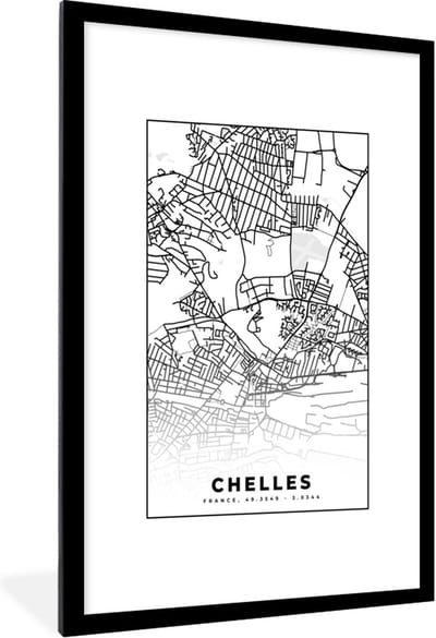 Fotolijst incl. Poster Zwart Wit- Frankrijk - Chelles - Stadskaart - Plattegrond - Kaart - Zwart wit - 80x120 cm - Posterlijst