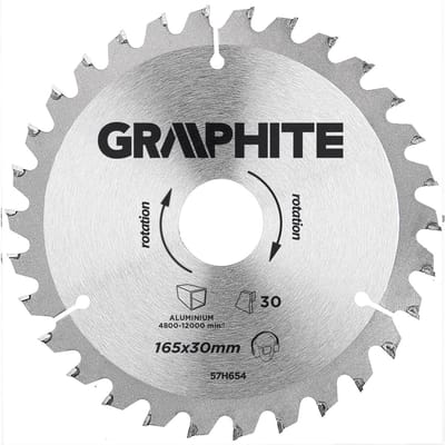 Graphite 57H654 Cirkelzaagblad voor Hout 165mm, Asgat 30mm, Tanden 30, Dikte 3,2, Vulringen 16/20/25 Alu, TCT