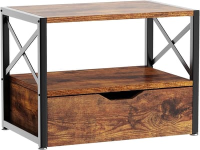 2-laags desktop printer stand, multifunctionele bureau-organisator, houten printer stand met lade opslag voor mappen, boeken, voor faxapparaat, scanner, thuiskantoor, rustiek bruin TLJ006H