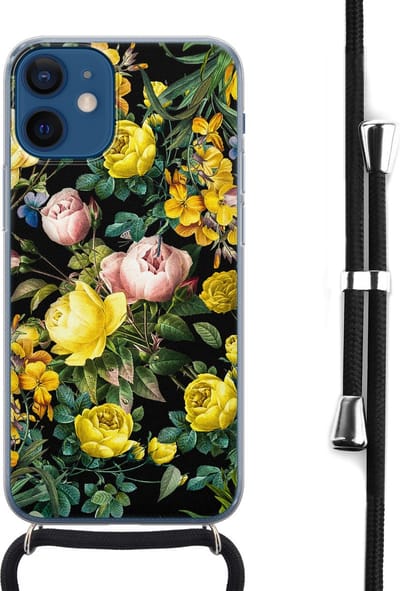 Hoesje met koord - Geschikt voor iPhone 12 Mini - Bloemen geel - Verstelbaar zwart koord - Transparant, Geel - Bloemen - Leuke Telefoonhoesjes