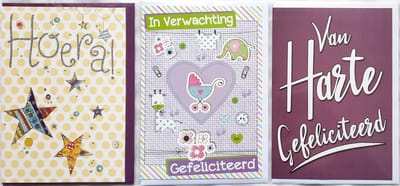 3 Wenskaarten - In Verwachting + Van Harte Gefeliciteerd + Hoera! - 12 x 17 cm – VERW-301