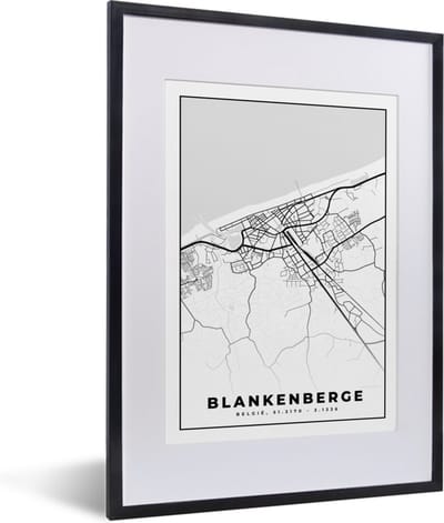 Fotolijst incl. Poster Zwart Wit- Zwart Wit – België – Plattegrond – Stadskaart – Kaart – Blankenberge - 30x40 cm - Posterlijst