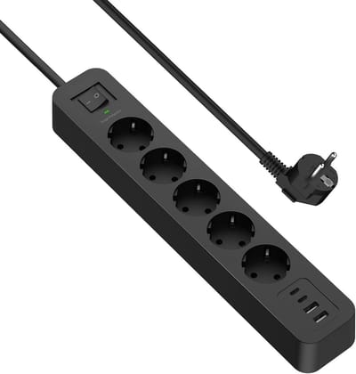 SNJY® Verlengkabel met Stekkerdoos - Stekkerdoos met Schakelaar - Verdeelstekker - 5-Voudig - 2 Meter - 4 USB Poorten - Zwart