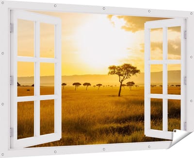 Gards Tuinposter Doorkijk Zonsondergang in de Savanne - 180x120 cm - Tuindoek - Tuindecoratie - Wanddecoratie buiten - Tuinschilderij