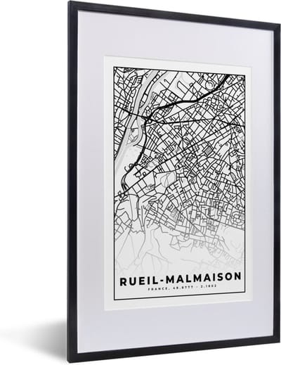 Fotolijst incl. Poster Zwart Wit- Frankrijk - Kaart - Plattegrond - Stadskaart - Rueil-Malmaison - Zwart wit - 40x60 cm - Posterlijst