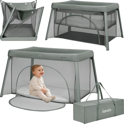 Lionelo Mila – 2 in 1 Reisbedje & Campingbed – Lichtgewicht – 2 Hoogteposities – 4 cm T25 Matras – 360° Mesh Ventilatie – Snel Compact Opvouwbaar – Zij-ingang met Rits – Inclusief Draagtas – Afneembare Wasbare Hoes
