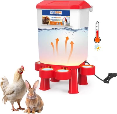 UniEgg® XL Premium Verwarmde/Anti-vorst Drinker 11 Liter (Rood) - automatisch en innovatief , inclusief ophangset en poten - drinkbak kip en ander pluimvee of gevogelte - verwarmd - anti-vorst