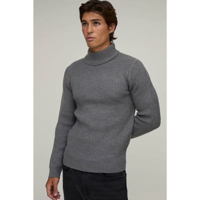 Muscle Fit Geribbelde Coltrui Gebreide Trui | Charcoal | Size XS