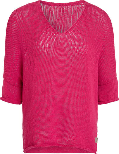 Knit Factory Jasmin Gebreide Dames Trui - Trui dames - Pullover voor de lente en zomer - Zomer trui dames - Damestrui - Duurzaam & milieuvriendelijk - V-hals - 3/4 mouw - Fuchsia - Felroze - 36/44 - 80% Gerecycled katoen