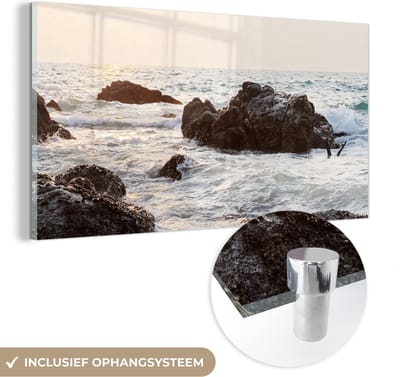 MuchoWow® Glasschilderij 120x60 cm - Schilderij acrylglas - Zee - Zomer - Stenen - Foto op glas - Schilderijen