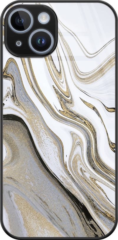 Hoesje geschikt voor iPhone 14 - Marmer wit goud - Luxe Glazen Hardcase - Marmer - Goud - Leuke Telefoonhoesjes