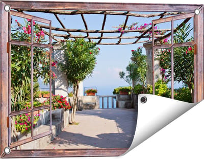 Gards Tuinposter Doorkijk Terras - 60x40 cm - Tuindoek - Tuindecoratie - Wanddecoratie buiten - Tuinschilderij