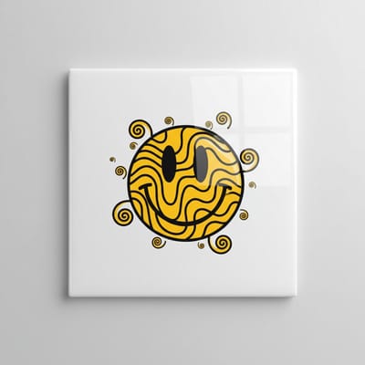 Abstracte Smiley Tegel – Artistieke Gele Emoji Wanddecoratie – Decoratieve Tegel 15 × 15 cm