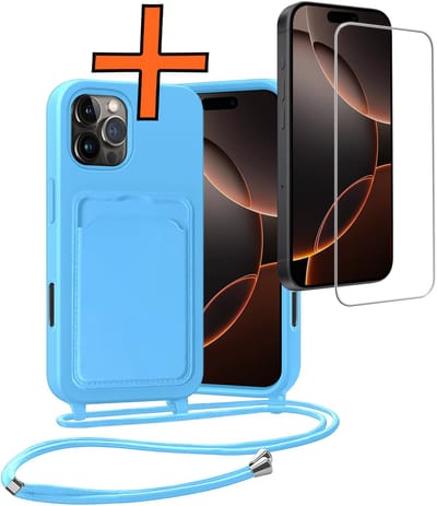 Hoesje Geschikt voor iPhone 16 Pro Hoesje Met Telefoonketting Pasjeshouder Case Met Screenprotector Koord - Hoesje Geschikt voor iPhone 16 Pro Hoes Met Kaarthouder - Lichtblauw
