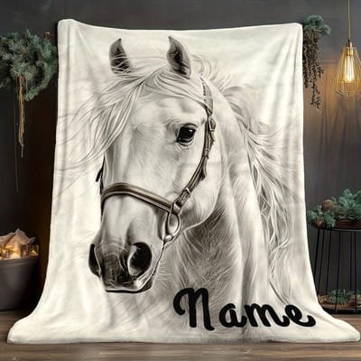 Op Maat Gemaakte Paardendeken Gepersonaliseerde Naam Wit Paard Portret Fleece Plaid Ruiter Cadeau Zacht Warm Alle Seizoenen Decor 173x218cm68x86in