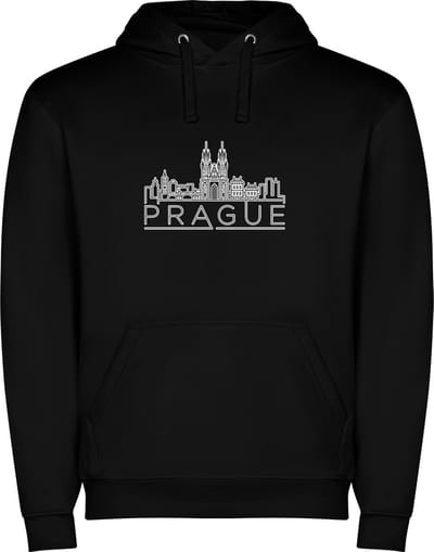 Zwarte unisex hoodie met “ Skyline Prague - Praag – Vakantiegevoel – Strak – Modern “ Print Full Color Color merk Roly maat S