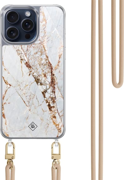 Casimoda® hoesje met beige koord - Geschikt voor iPhone 15 Pro Max - Marmer Goud - Afneembaar koord - TPU/polycarbonaat - Bruin/beige