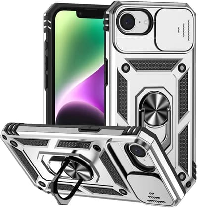 MobyDefend Hoesje - Geschikt voor iPhone 16e / iPhone 17e - Pantsercase Met Draaibare Ring - Zilvergrijs