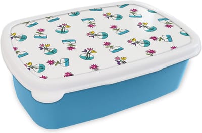 Broodtrommel Blauw - Lunchbox - Brooddoos - Bloemen - Patronen - Lente - 18x12x6 cm - Kinderen - Jongen