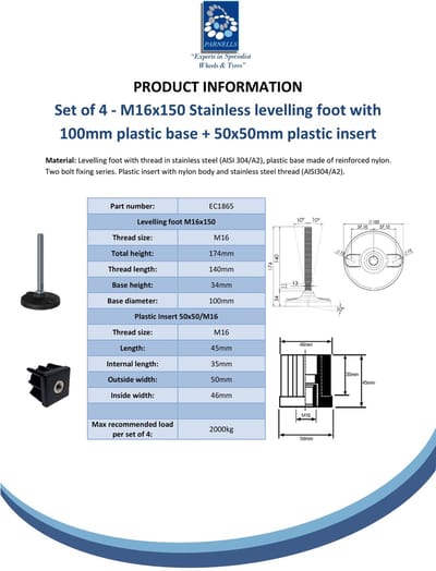 Roestvrijstalen voet M16x150, 100 mm kunststof voetplaat met gaten + inzetstuk 50x50x2 mm - Set van 4