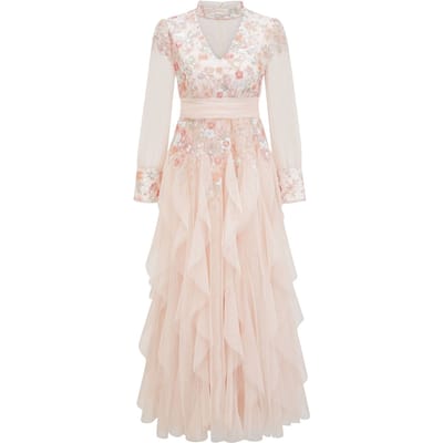 Jurk Ronde Hals Exquise Bloem Hoge Taille Lange Jurk Jaarvergadering Gala Banketjurk Dameskleding S abrikoos