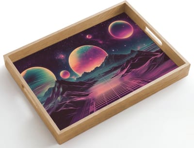 Dienblad hout 50x35 cm - Schootdienblad - Landschap - Planeten - Horizon - Paars - Borrelplank rechthoek - Plateau dienbladen