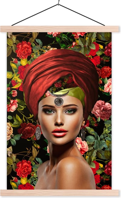 Posterhanger incl. Poster 120x180 cm - Schoolplaat - Vrouw - Bloemen - Kleurrijk - Textielposter - Blanke latten