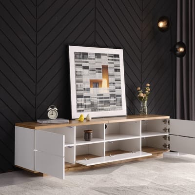 MODENUIT Tv-Meubel - Met Rasterdeuren En Open Vakken - Voor Woonkamer - MDF In Wit En Houtkleur - 180x38x46 Cm