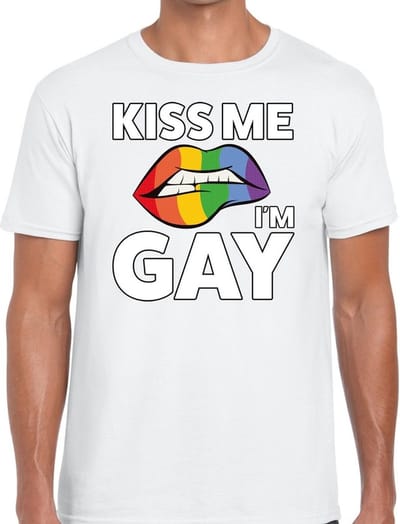 Kiss me i am gay t-shirt - wit - voor heren - Gay pride kleding - katoen - korte mouwen S