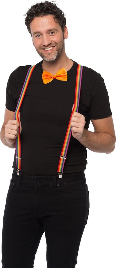 Carnaval verkleedset bretels en strik - regenboog - oranje - volwassenen/unisex - feestkleding