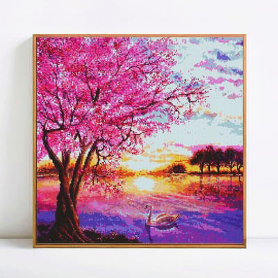 Peinture diamant à faire soi-même, paysage rond complet, broderie d'images en strass 30x30 pink