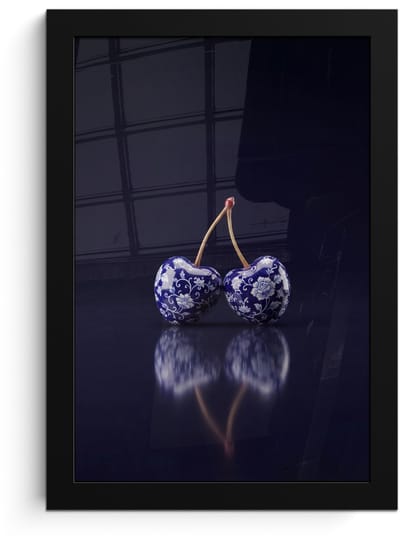 Poster in lijst - Fotolijst 20x30 cm - Posters - Porselein- Kersen - Delfts - Blauw - Posterlijst zwart - Decoratie - Wanddecoratie woonkamer - Muurdecoratie slaapkamer