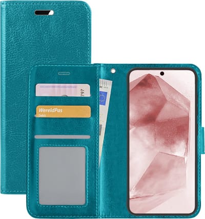 Hoesje - Met Pasjeshouder - Geschikt voor Samsung Galaxy A55 - Luxe Bookcase Portemonee - Flip Case - Kunstleer Book Case - Flipcase - Book Cover - Walletcase - Portemonneehoes - Turquoise