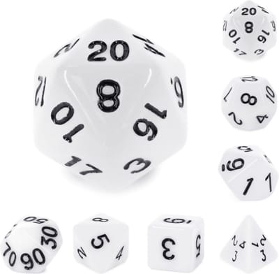 Polyset Dice | Dobbelstenen - Set Van 7 Stuks - Wit Zwart Ondoorzichtig| Voor D&D en Andere Rollenspellen | Plastic Dobbelstenen Set voor Dungeons and Dragons | Polyhedral Dice Set | Met Mooie Zwarte Velvet Dice Bag voor Ongeveer 3 Sets
