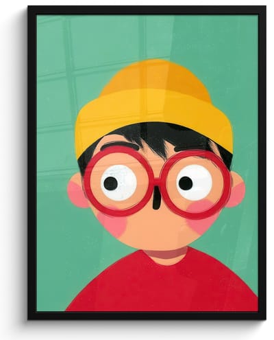Poster in lijst - Fotolijst 60x80 cm - Posters - Jongen - Cartoon - Bril - Muts - Posterlijst zwart - Decoratie - Wanddecoratie woonkamer - Muurdecoratie slaapkamer - Kerstversiering - Kerstdecoratie voor binnen - Kerstmis