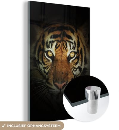 MuchoWow® Glasschilderij 120x180 cm - Schilderij acrylglas - Tijger - Licht - Ogen - Foto op glas - Schilderijen