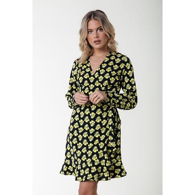 Colourful Rebel Telsi Small Flower Long Sleeve Wrap Dress Ls Bright Yellow Maat: S | Mini Jurken Outlet | Dames | Zwart