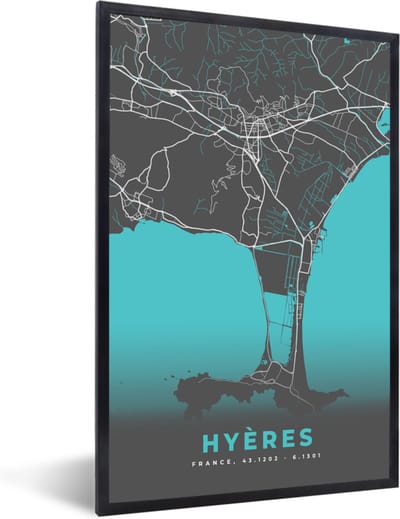 Fotolijst incl. Poster - Hyères - Frankrijk - Kaart - Stadskaart - Plattegrond - 40x60 cm - Posterlijst