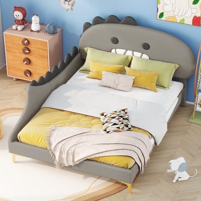 Sweiko 140*200cm Kinderbed, Cartoon Dinosaurus vorm, Tweepersoonsbed, Plat bed, PU materiaal, Grijs