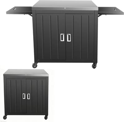 Grill Trolley 90 x 65 x 92 cm, Mobiele Keukenwagen met RVS Werkblad, Opklapbare Zijkanten en Wielen voor Barbecue en Tuingebruik