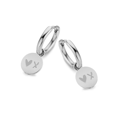 CO88 Collection Sense 8CE-70167 Stalen oorringen met hanger - rond - hart en kus - 12 mm - Zilverkleurig
