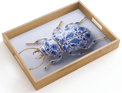 Dienblad hout 40x30 cm - Schootdienblad - Kever - Delfts - Blauw - Goud - Borrelplank rechthoek - Plateau dienbladen