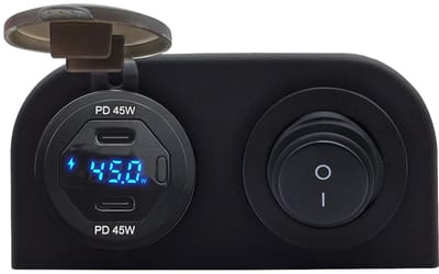 ProRide 12V USB C Autolader 2 Poorten Opbouw met Wattagemeter - 45W/QC3.0 - Tweevoudig opbouw - Blauw