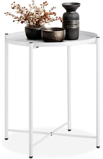 tectake® Ronde Bijzettafel van Metaal - Rustieke Flair, Afneembare Plank - Stabiele Salontafel voor Woonkamer, Slaapkamer, Balkon - Ø 45,5 x H 53 cm - (Wit | Nr. 404188)