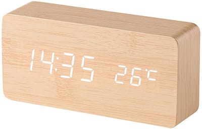 QTTVBTNA -Digitale wekker, houten design, elektronisch led-display, tijd- en datumweergave, temperatuur- en vochtigheidsmeting, 3 alarminstellingen, 3 helderheidsniveaus, geschikt voor thuis, slaapkamer, kantoor en op reis - Bruin
